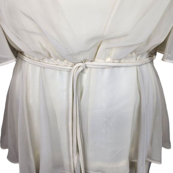 Vintage 70s Flutter Sleeve Sheer Tiered Blouson Dress Womens Size S Ivory White - Picture 5 of 10